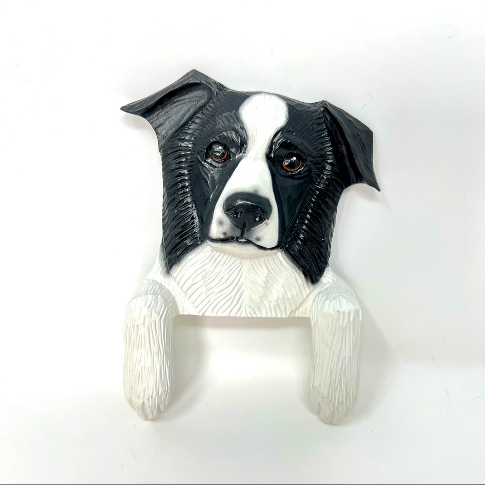 Michael Park Signed Door Hanger Black & White Border Collie Hand Carved